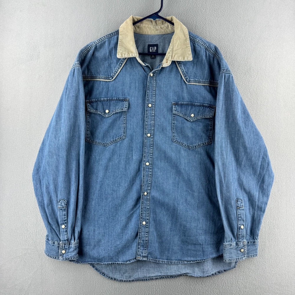 GAP Shirt Mens XL Blue Denim Pearl Snap Western Cotton Corduroy Collar